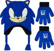 [Concept One] Sonic The Hedgehog Beanie Hat and Glove Set, Kids Knitted Winter Hat and Gloves