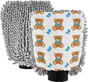 Brown Teddy Bear Bow Ties White Washing Mitts Car Wash Absorbent Chenille Microfiber Sponge Car Cleaning Kit Mitts Soft Non Scratch, Large x 2 Pack