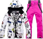 [LYDBMY] Men's Two Piece Ski Suit Set, Men's Winter Warm Graffiti Printing Hooded Jacket and Pants Set, Insulated Waterproof Waterproof Snowboard Snowsuits, for Snow Sport