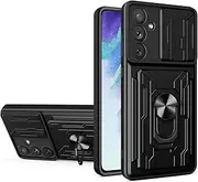 [ILING] Wallet Case for Samsung Galaxy A54 5G, Ultra-thin Matte Hard PC Silicone Shockproof Protective Armor Cover, with Card Holder Slot, Ring Kickstand, Slide Camera Cover (Black)