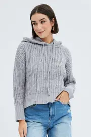 Ally Fashion Grey Knit Top Long Sleeve Hoodie - Size S/M, Women's Hoodie Knitted