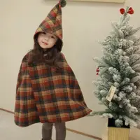 在飛比找蝦皮商城精選優惠-韓國童裝 女童格紋斗篷外套 兒童洋氣尖尖帽披風 保暖 格子加