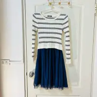 在飛比找Yahoo!奇摩拍賣優惠-Cantwo 羅紋針織彈性上衣拼接藍色紗裙 長袖洋裝