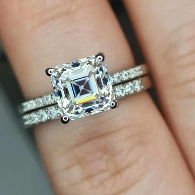 Unique 3 Ct Asscher Cut Moissanite Pave Bridal Ring Set For Women 14K White Gold