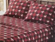 WOOLRICH Flannel QUEEN Sheet Set. Red/Black Plaid White Hunting Dog
