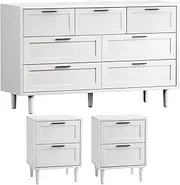 Oikiture Chest of Drawers and 2 Bedside Tables Nightstand Bedroom Set White