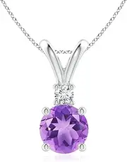 [Angara] Natural Round Amethyst Solitaire V-Bale Pendant Necklace with Diamond in Sterling Silver/14ct Solid Gold for Women | February Birthstone Jewellery for Her
