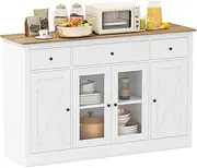 Giantex 140 cm Large Buffet Sideboard, Kitchen Storage Cabinet with 3 Drawers, 2 See-Through Doors, Adjustable Shelves, Modern Coffee Bar Cabinet, Wine Bar Table for Dining Room, Living Room