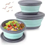 3Pcs Collapsible Bowls,Food Grade Silicone Camping Bowl Salad Bowl with lids, Portable Expandable Lunch Box Food Storage Container for Camping Travel and Picnic