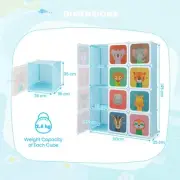 12-Cube Kids Wardrobe with Doors, Hanging Rods, and Animal Patterns - Blue