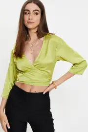 Green 3/4 Sleeve Satin Tie Up Top - Size 14, Women's Shirt