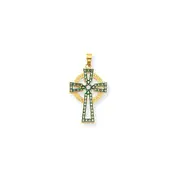 14k Yellow Gold Green & White Enameled Diamond-cut Celtic Cross Pendant