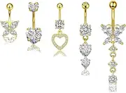 [Xandira] 5Pcs Dangling Belly Button Rings, 14G Stainless Steel Belly Bars with Flower Heart Butterfly, Navel Piercing Jewelry for Women Girls