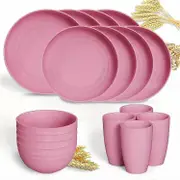 16pcs Unbreakable Wheat Straw Dinnerware Sets, Lightweight Plates Cups And Bowls Sets, Dishwasher Microwave Safe, For RV Outdoor Camping Pink 16-pi...