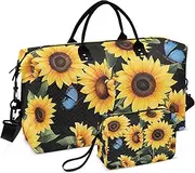 [YXYZRMY] Sunflowers Blue Butterfly Travel Duffel Bag Gym Bag Sports Tote Bag with Multiple Interior Pockets Shoulder Weekender Bag for Women Men with Toiletry Bag 20.5”x 7.9”x 13.8”, Multi-Colored, one