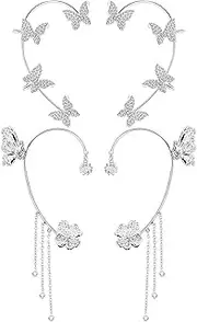 [RIJXU] 2 Pairs Dainty Silver Butterfly Ear Cuffs & Wraps for Women Non Piercing Bling Butterfly Tassel Style Zircon Earrings Ear Clips Bridal Wedding Jewelry
