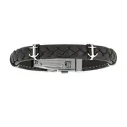 Mens Breaded Dark Leather Bracelet With Stainless Steel Ancors And Deployment Clasp, 8.5"