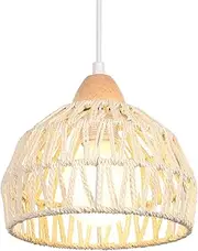 iDEGU Vintage Style Semi-Circle Pendant Light E27 Wood and Rattan Pendant Light for Bedroom, Dining Room, Kitchen, Cafe Bar, Diameter 20 cm (White)
