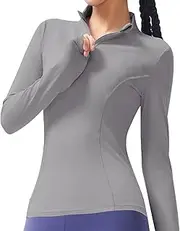 [Lancry] Long Sleeve Gym Tops Women,1/4 Zip Gym Clothes for Women Long Sleeve Running Top Womens with Thumb Holes,Gym Jackets Women Define Running Jacket Shirts, Light Grey, S