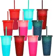 Yisituo 24oz Plastic Cups with Lids & Straw, 12 Pack Reusable Colour Changing Cups Iced Coffee Tumbler Travel Smoothies Mug for Adults Kid Women Pool Beach Wedding Party (10, Glitter)