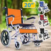 20" Foldable Wheelchair Park Brakes Lightweight Soft for Elderly and Disabled