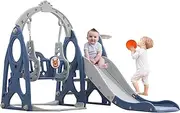 HOMKAI Kids Slide and Swing Set, 4 in 1 Rocket Theme Toddler Slide, Kids Swing w/Safety Belt, Basketball Hoop & Ball, Extra Long Slides for Indoor Outdoor Playground Backyard (Blue)