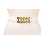 Women White Color Elastic Band Fashion Belt Gold Metal Dollar $$$ Charm Fit S M