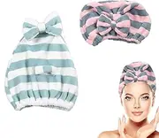 Large Microfiber Hair Towel Cap,Rapid Drying Towel For Hair,Ultra Soft Super Absorbent Hair Drying Towel Turban,Cute Green&Pink Bow Hair Towel Wrap,Hair Drying Towels For Women Fast Dry(2pack)