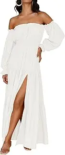 [ZESICA] Women's 2023 Boho Sexy Off Shoulder Long Sleeve Smocked High Waist Side Split Flowy A Line Tiered Long Maxi Dress