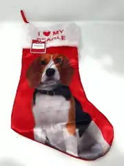I LOVE MY Beagle Red Black Brown Christmas Stocking Faux Fur Embroidery NWT