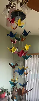 Solar Origami Bird Wind Chime. 25 Colorful Metal Birds. 42" Pier One. TESTED NEW