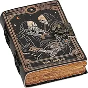 C CUERO Book of Spells Leather Journal Deckle Edge Paper Grimoire Printed Journal The Lovers Tarot Notebook Spiral Gothic Notebook Skull lover Antique Vintage Leather Journals for Men and Women