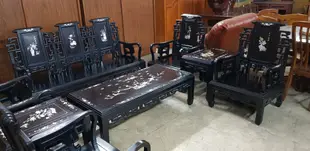 黑檀木鑲貝客廳桌椅組8件套 一格二手家具 客廳紅木家具 懷舊時尚