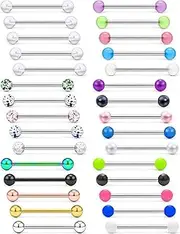 [Prjndjw] 14G, 16/19/22mmL, 25/30PCS, 5mm Ball Barbell Tongue Ring. Surgical Steel Nipple Piercing Vemom/Glow in The Dark/Created Pearl/Body Jewelry for Woman Unisex
