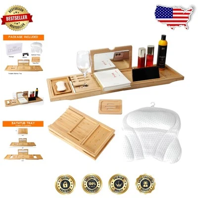 Collapsible Bamboo Bath Tray with Mirror & Ergonomic Bath Pillow for Relaxation