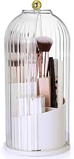 Makeup Brush Holder Rotating Organiser with Clear Lid，Sliding Opening Dustproof Makeup Brush Case Makeup Organizer Storage for Dressing Table Organiser,Vanity,White