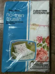 Vintage Pillow Case Set 2 Standard Size JC Penny Muslin Pink Rose Border Cotton