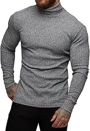 [TURETRENDY] Men's Stretch Muscle Tshirts Turtleneck Long Sleeve Knit Tees Casual Slim Fit Basic Shirt Tops
