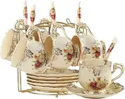 YOLIFE Flowering Shrubs Tea Cups and Saucers Set, Ivory Ceramic Tea Cups Set of 6 with Golden Metal Rack