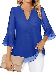[Akiooue] Ladies Blouses 3/4 Bell Sleeve Tunic Tops Casual Dressy V Neck Double Layered Chiffon Work Blouse Shirts S-3XL