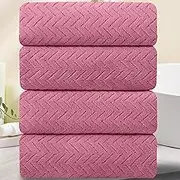 4 Pack Extra Large Bath Towels, Coral Velvet, Microfiber Super Soft Absorbent, Machine Washable, Coral Velvet Wheat Stripe, Towel Sets for Home, Hotel and Spa, Gym use (Pink, 140 * 40)