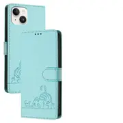 For Iphone 15 Cat Rat Embossed Pattern Rfid Leather Phone Case With Lanyard