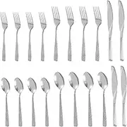 20PCS Modern Hammered Flatware Utensil Set for 4 Stainless Steel Cutlery Silverware Set Includes Knives Forks Spoons for Home Restaurant(Silver,20pcs)