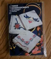 Vogart Three Handkerchiefs Stamped For Embroidery or Ball Point Painting NEW
