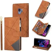 [UEEBAI] Wallet Case for Samsung Galaxy S9 Plus, Vintage Premium PU Leather Cover Flip Case with Card Slots Magnetic Closure Zipper Pocket Kickstand Handbag with Hand Strap - Brown
