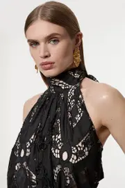 Sheer Georgette Cutwork Woven Halter Top