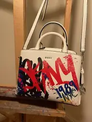 DKNY Paige Grafitti Satchel, Tote, White Shoulder Bag NEW WITH TAGS $198