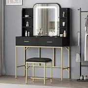 ALFORDSON Spacious Dressing Table, 2 Drawers & 6 Shelves, Vanity for Bedroom, 100x40x146.5cm, Black Color- Adjustable Brightness, Matching Stool