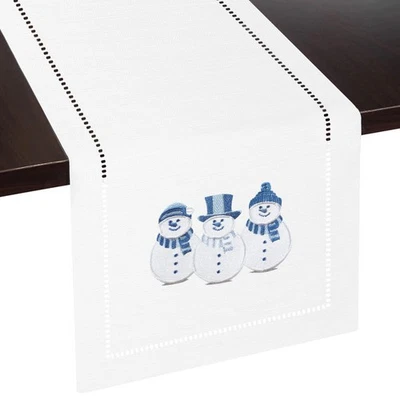 Snowman Embroidered White Country Rustic Table Runner - Blue & Silver Pattern...