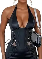 [KEOYA] Women’s PU Leather Corset Top Sleeveless Halter Bustier Top Deep V Neck Crop Top Zip Back Corset Top Going Out Party Outfit